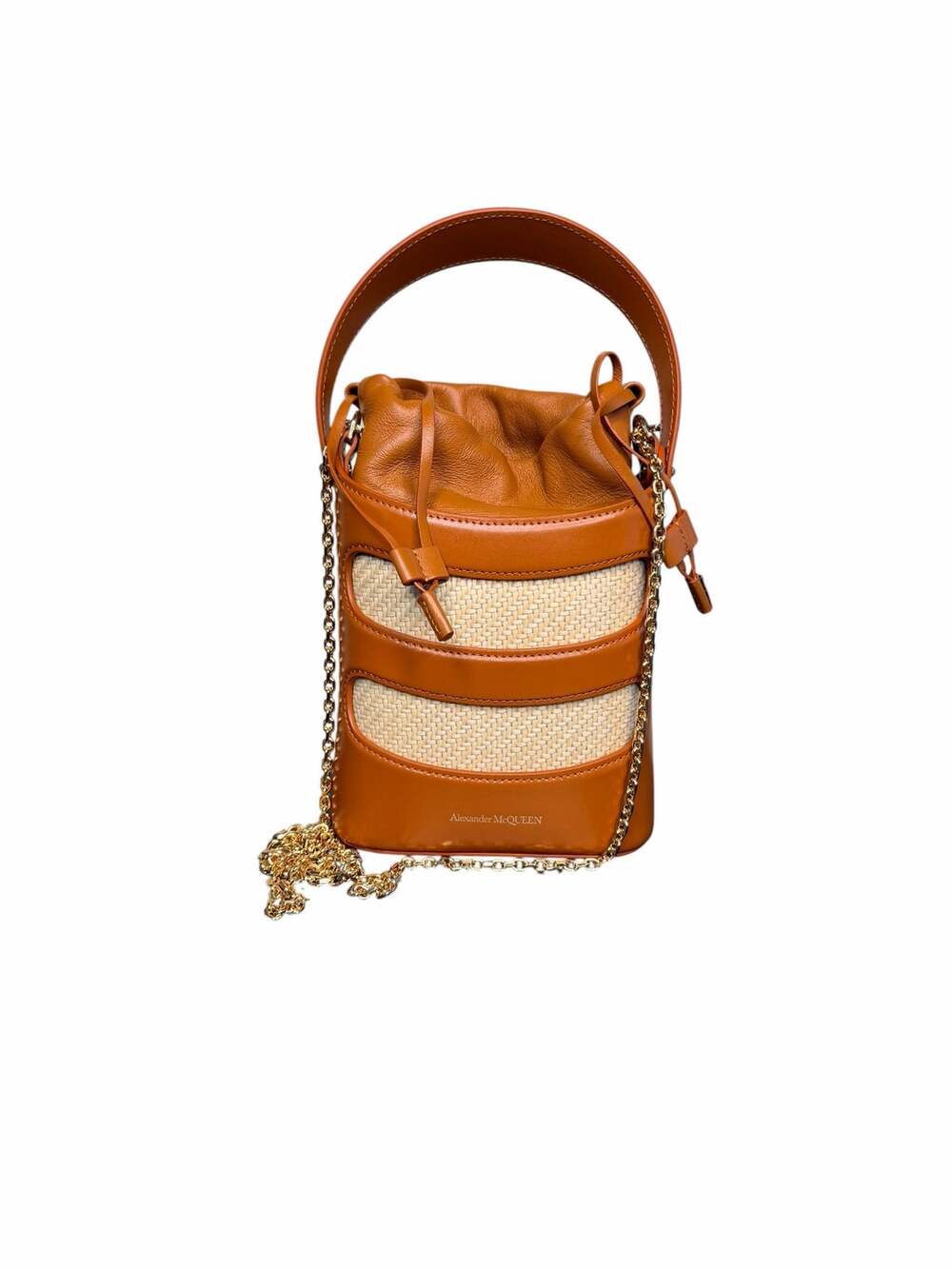 Alexander McQueen The Rise Leather and Raffia Bucket Bag in Tan/Neutral